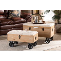 Baxton Studio JY19A419-Beige/Natural-2PC Otto Set Finlay Transitional Rustic Farmhouse Beige Fabric Upholstered Distressed Natural Wood and Black Metal 2-Piece Wheeled Storage Ottoman Set
